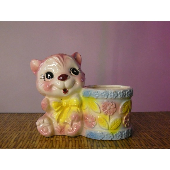 Vintage Pink Anthropomorphic Cat KLC Japan Planter - Picture 1 of 6